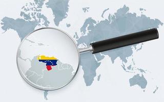 World map with a magnifying glass pointing at Venezuela. Map of Venezuela with the flag in the loop. vector