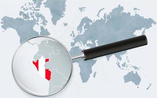 World map with a magnifying glass pointing at Peru. Map of Peru with the flag in the loop. vector