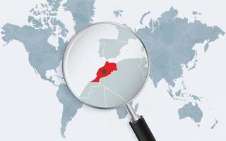 World map with a magnifying glass pointing at Morocco. Map of Morocco with the flag in the loop. vector