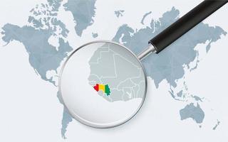 World map with a magnifying glass pointing at Guinea. Map of Guinea with the flag in the loop. vector