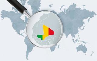 World map with a magnifying glass pointing at Mali. Map of Mali with the flag in the loop. vector