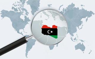 World map with a magnifying glass pointing at Libya. Map of Libya with the flag in the loop. vector