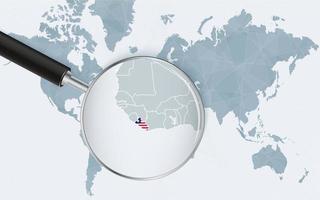 World map with a magnifying glass pointing at Liberia. Map of Liberia with the flag in the loop. vector