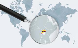 World map with a magnifying glass pointing at Uganda. Map of Uganda with the flag in the loop. vector