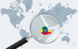 World map with a magnifying glass pointing at Ethiopia. Map of Ethiopia with the flag in the loop. vector