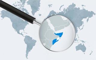 World map with a magnifying glass pointing at Somalia. Map of Somalia with the flag in the loop. vector