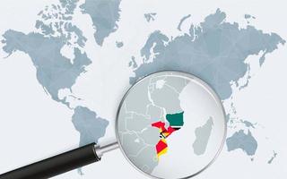 World map with a magnifying glass pointing at Mozambique. Map of Mozambique with the flag in the loop. vector