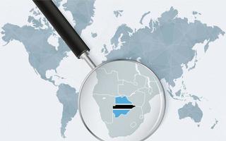 World map with a magnifying glass pointing at Botswana. Map of Botswana with the flag in the loop. vector