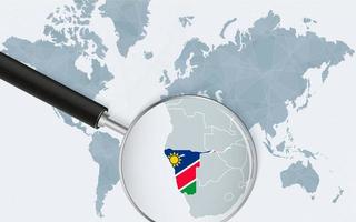 mapa del mundo con una lupa apuntando a namibia. mapa de namibia con la bandera en el bucle. vector