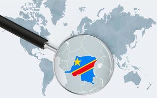 World map with a magnifying glass pointing at DR Congo. Map of DR Congo with the flag in the loop. vector