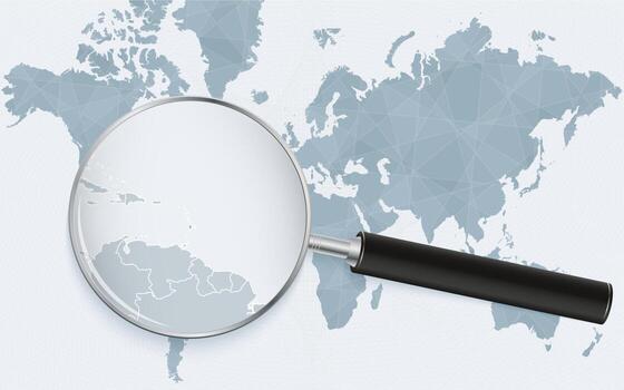 mapa del mundo con una lupa apuntando a santa lucía. mapa de santa lucía con la bandera en el bucle. vector