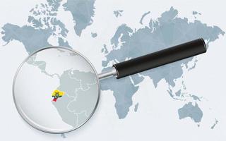 World map with a magnifying glass pointing at Ecuador. Map of Ecuador with the flag in the loop. vector
