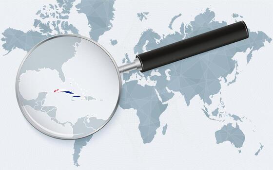 mapa del mundo con una lupa apuntando a cuba. mapa de cuba con la bandera en el bucle. vector