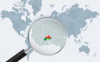 World map with a magnifying glass pointing at Burkina Faso. Map of Burkina Faso with the flag in the loop. vector
