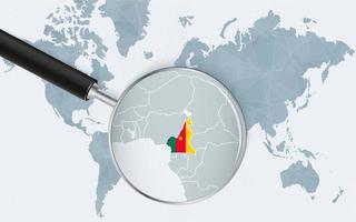 World map with a magnifying glass pointing at Cameroon. Map of Cameroon with the flag in the loop. vector