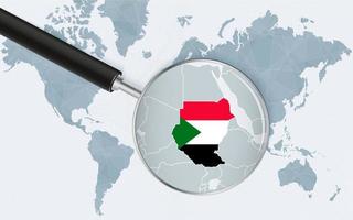 World map with a magnifying glass pointing at Sudan. Map of Sudan with the flag in the loop. vector