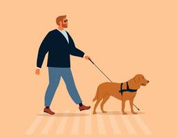 Man with a guide dog walking. Person who is visually impaired or blind crossing a street crosswalk with a cane and seeing-eye labrador. Inclusive city space. Isolated flat vector illustration