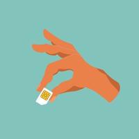 Human holding sim card in hand. Vector illustration cartoon design. Isolated on background. Mobile element. Finger closeup, big SIM card.
