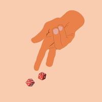 Man throws dice. Template for gambling. Throwing dice. Red dice on the table. Man avid person. Gambler concept. Playing in hand. Vector illustration flat design. Isolated on white background.