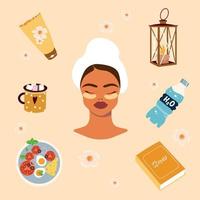 Self care concept set. Morning home routine of a woman- healthy food, reading, skincare. Morning beauty rituals collection. Girl relaxes at home. Flat vector illustration