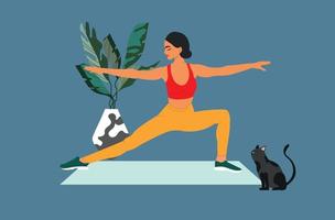 entrenamiento deportivo mujer haciendo yoga en casa. ejercicios deportivos en un interior acogedor. cómo mantenerse en forma en el interior. ilustración vectorial plana vector