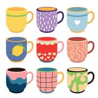 Collection of colorful cups decorated with design elements vector flat illustration. Set of colored mugs filling drinks isolated. Cute fashion drinkware with handle