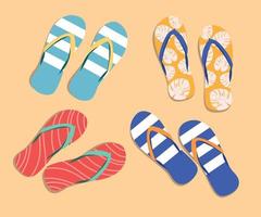 Set, collection of cute colorful flip flops with different ornaments, patterns for summer design. vector