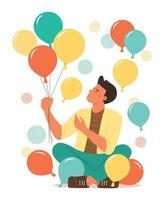 joven sentado y sosteniendo globos de colores ilustración del concepto festivo vector