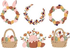 Set Boho easter baskets with painted eggs and spring flowers. Wicker basket full of chocolate egg, springtime holiday gift hampers vector set. Illustration of easter basket for holiday