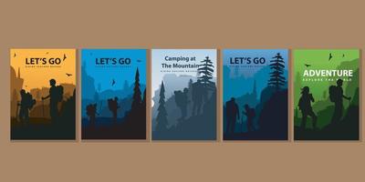 Vector brochure cards set. Travel concept of discovering, exploring and observing nature. Hiking. Adventure tourism. Flat design template of flyer, magazine, book cover, banner, invitation, poster.