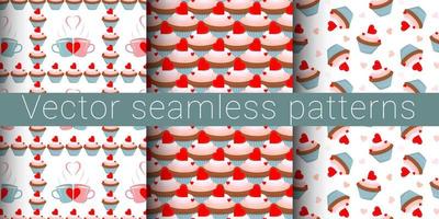 Collection of vector seamless patterns. Cupcake with a heart.