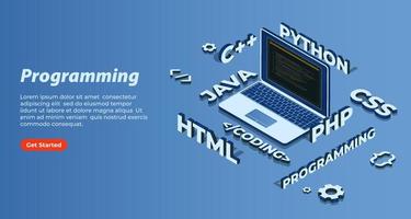 Program code on 3D isometric laptop screen, 3d text of multiple programming languages signs vector