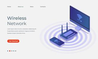 3D Isometric wireless network landing page or web banner vector