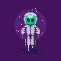 Vector illustration of an alien emerges from the wormhole wearing a space suit while floating, in a flat design style on a dark purple background.
