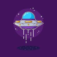 Vector illustration of a UFO emerges from a wormhole on a dark purple background, with a flat design style.