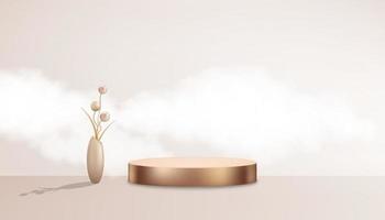 3D Product background with podium and flowers ball in vase,Backdrop Background Beige color with clouds on wall Room,Vector studio scene with stand for product presentation Spring,Summer,Mother Day vector