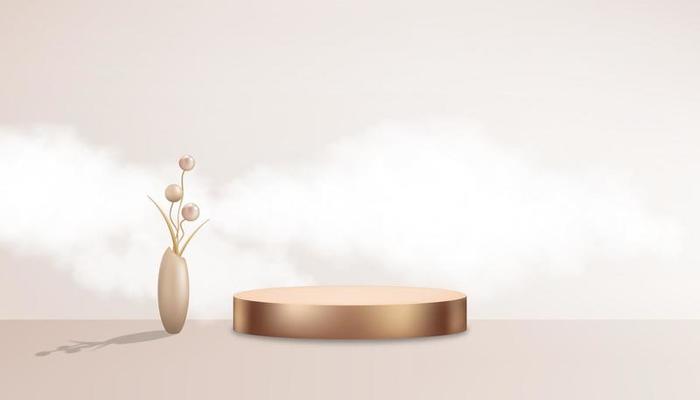 3D Product background with podium and flowers ball in vase,Backdrop Background Beige color with clouds on wall Room,Vector studio scene with stand for product presentation Spring,Summer,Mother Day