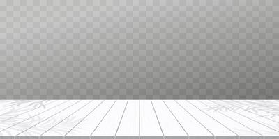 textura de panel de piso de madera blanca. banner de fondo tablas de madera lavada gris con sombra de hojas de palma de coco, mesa de ilustración vectorial 3d para promociones de primavera, verano vector