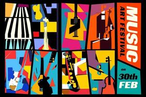 Music and Art Festival. Vector illustration of a set of abstract jazz backgrounds with musical instruments. Guitar, piano, saxophone and violin.