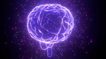 rotierendes Hologramm des menschlichen Gehirns, fliegende Partikel - Konzept des Denkprozesses video