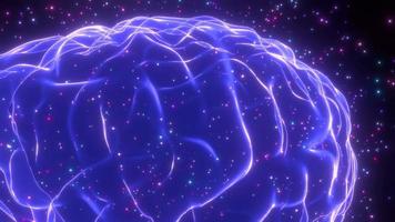 volando alrededor del holograma del cerebro humano, partículas - concepto de proceso de pensamiento video