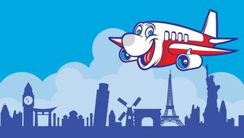 avión de dibujos animados volando sobre los puntos de referencia del turismo vector