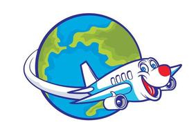 cartoon plane flying around the globe vector