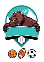 oso mascota deportiva con varias pelotas deportivas vector
