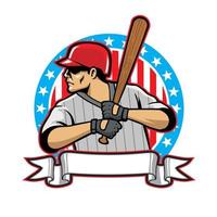 insignia de jugador de béisbol con pancarta en blanco para texto vector