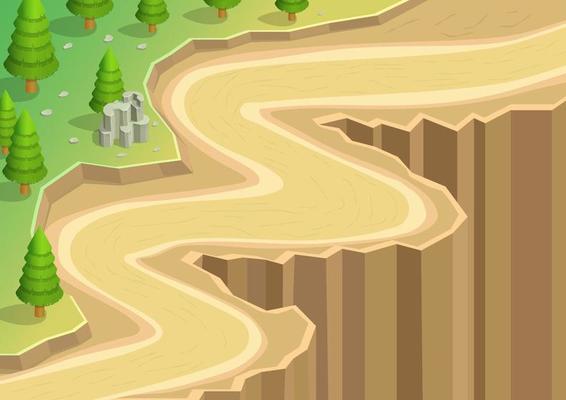 isometric isometric road winding beside a deep ravine.