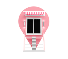 loja de ponto de pino de ponteiro de mapa rosa e compras. símbolo da cesta de supermercado. conceito de minimalismo. ilustração 3D png
