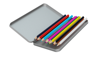 Row of Pencil in rainbow colors in open aluminum box isolated colorful crayons for drawing concept back to school 3d illustration png