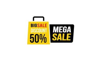 Oferta de mega venta del 50 por ciento, liquidación, diseño de banner de promoción con estilo de etiqueta. vector