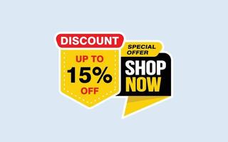 15 Percent SHOP NOW offer, clearance, promotion banner layout with sticker style. vector